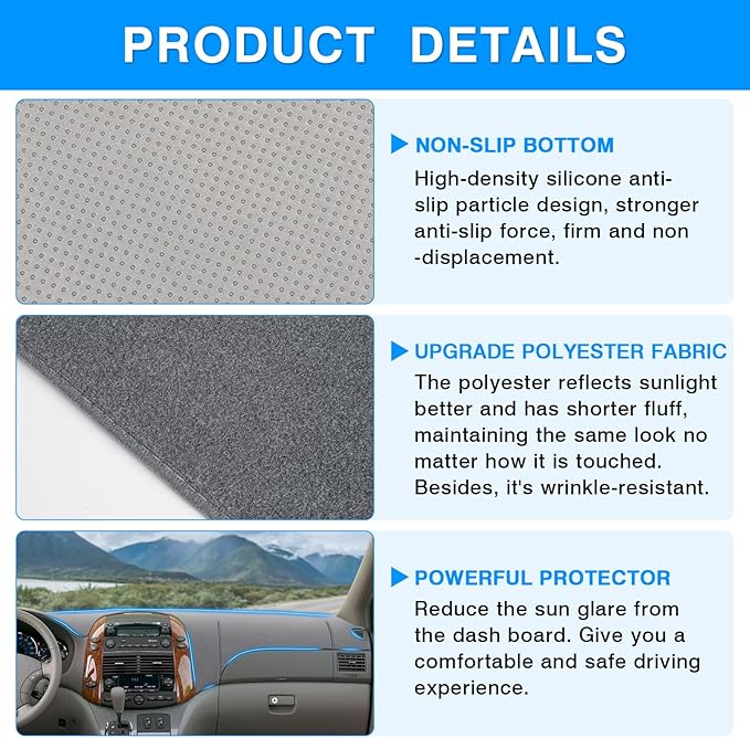 Autorder Gray Dashboard Cover Mat for Toyota Sienna 2004-2010 Accessories Dash Cover Upgrade Polyester Dash Mat Sunshade Glare UV Rays Protector