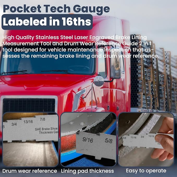 Brake Pad Measuring Tool – 16ths Brake Pad Thickness Gauge, Stainless Steel Pocket Tech Gauge, 2-in-1 Technician Gauge for Brake Lining & Drum Wear, No Need to Remove The Wheel