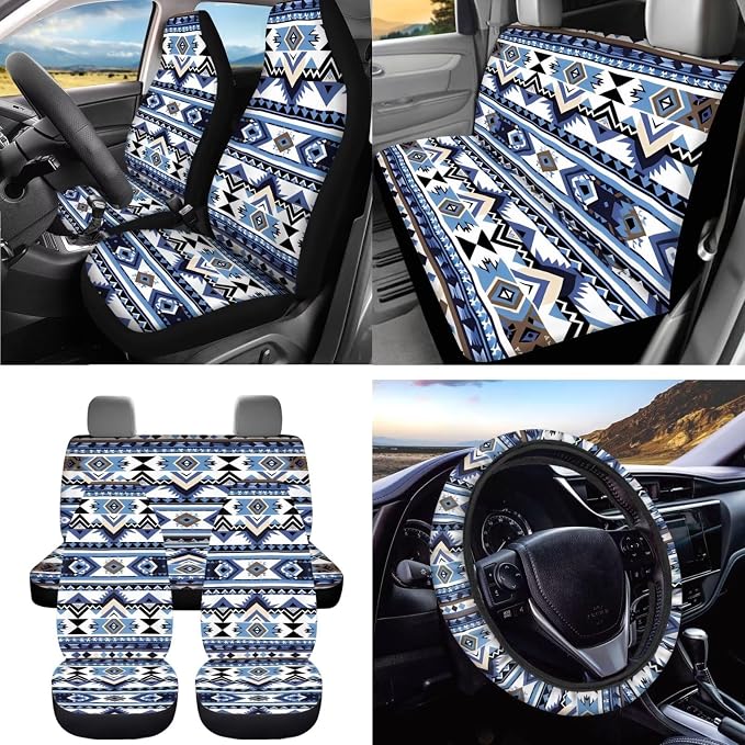 Dreaweet Navajo Native Western Car Seat Covers Full Set 15 Pcs Aztec Car Accessories with Steering Wheel Cover Seat Belt Pads Coasters Trash Bag Air Vent Storage Bag Rearview Mirror Cover Keychain
