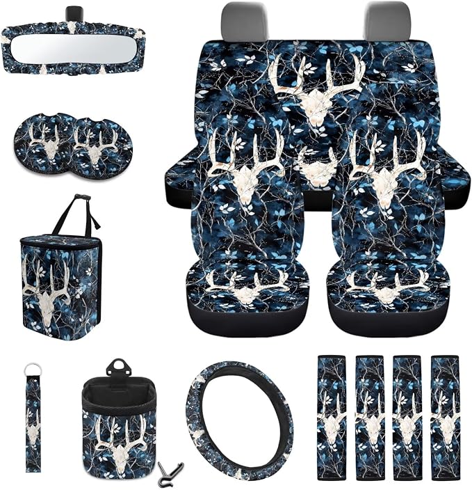 Deer Leaf Tie Dye Print 15PCS Car Accessories, Universal Car Seat Covers Steering Wheel Cushion Seat Belt Pad Coasters Trash Can Keychain Air Vent Storage Bag Universal Fit Most Cars