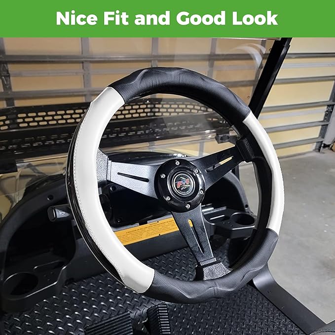 10L0L Golf Cart 14" Steering Wheel Cover for Club Car DS Precedent and Yamaha Models, Breathable Rubber Leather Materials,Good Texture Nice Look（Black+White）