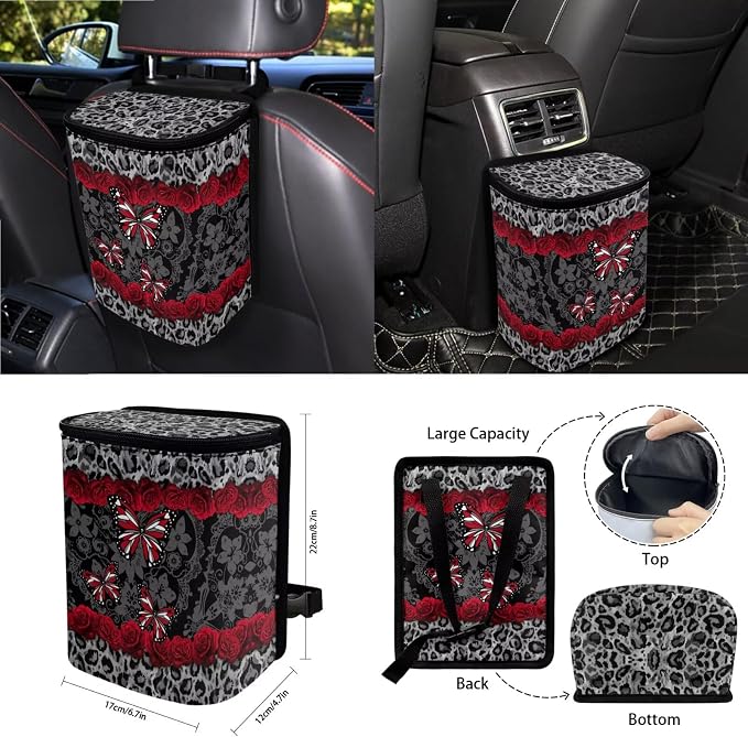 15Pcs Car Seat Cover Sets Full Set Butterfly Rose Leopard Print Front and Rear Car Seat Covers with Steering Wheel Cover Safety Belt Pads Garbage Bag etc, Easy to Install