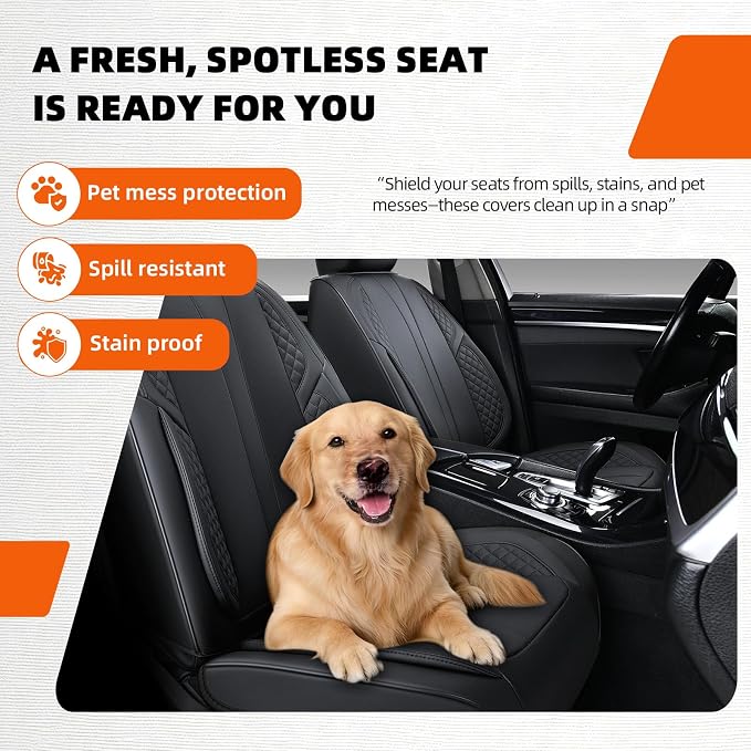 2-Seater Car Seat Covers Full Set Waterproof and Breathable Nappa Leather, Fit for Front Seats of Cars, Compatible with Airbags, Car Seat Protector Covers for Most Cars - Pure Black
