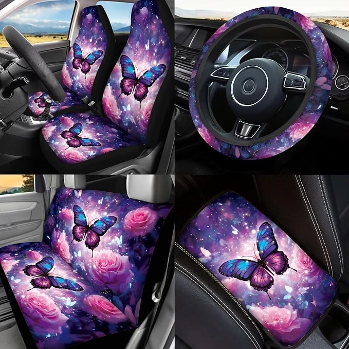 Butterfly Car Seat Covers Full Sets of 17 Pack,Butterfly Car Aaccessories with Auto Trash Garbage Bag,Roses Car Seat Head Rest Protector Universal Automotive Interior Decoration