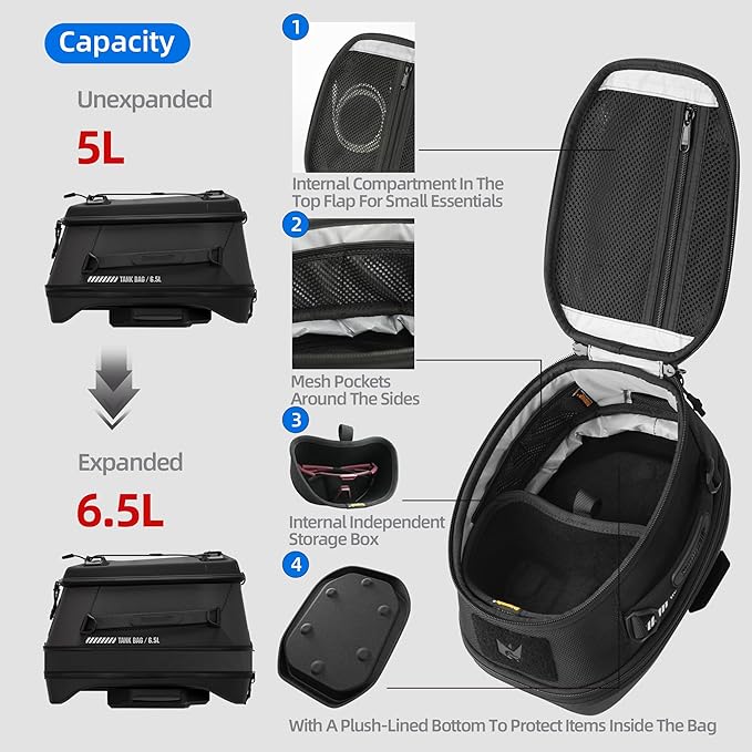 Motorcycle Tank Bag Magnetic Quick Release 5–6.5L Expandable Motorbike Fuel Tank Bag with Lock, Waterproof Storage Backpack with Rain Cover (Brown)