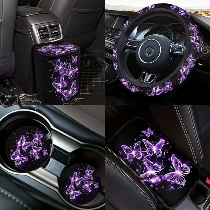 Butterfly Car Seat Covers Full Sets of 18 Pcs Purple Butterfly Car Interior Accessories Set with Steering Wheel Cover Car Trash Can Car Headrest Covers Belt Pads Cover Armrest Pad for Women