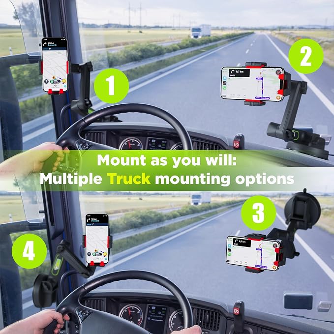 Cell Phone Mount for Truck Phone Holder for Truck Drivers - Heavy Duty Suction Cup + Dashboard Pad, iPhone Holder for Dashboard Window 16.9 inch Long, for iPhone & Samsung, Semi Trucker, Red