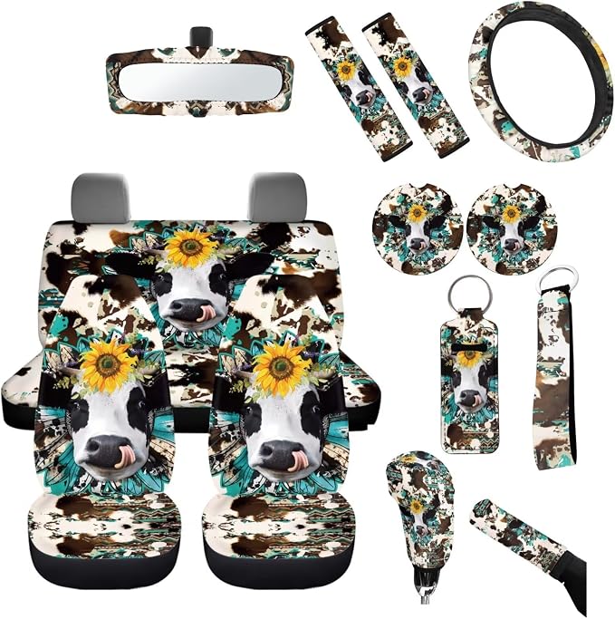 Cow Car Seat Covers Sets14pcs,Sunflower Western Cow Auto Seat Protector Pad+Seatbelt+Steering Wheel Cover+Car Coasters+ Interior Mirror Accessory+Cowhide Keychain for Women Men