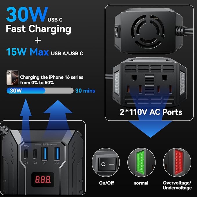 400W Car Power Inverter DC 12V to 110V AC Inverter with PD 30W/15W USB C+2*USB A Ports & 2 AC Outlets, Car Plug Adapter Outlet for Laptop/Phone/Road Trip