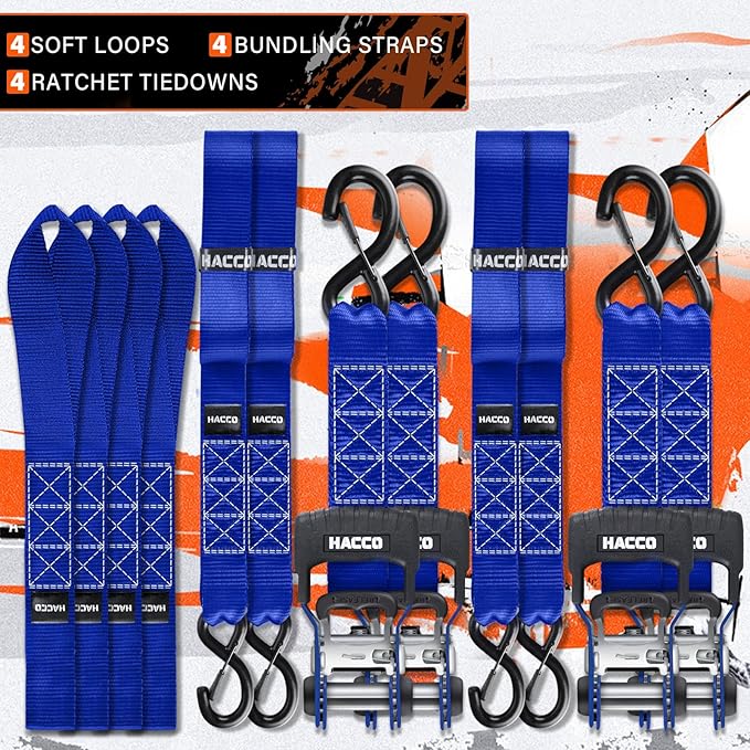 HACCOPLANET Ratchet Straps, 5280lb Break Strengeth, 1.6" Heavy Duty Ratchet Tie Down Strap Set w/Padded Handle, S Hook, Soft Loop for UTV Motorcycle Truck Cargo Straps (Blue, 8FT)