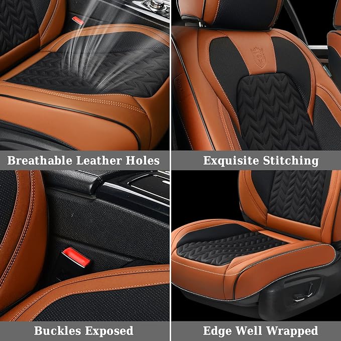 Coverado Seat Covers Full Set, 5 Seats Car Seat Cover, Front and Back Seat Covers for Cars, Breathable Faux Leather Car Seat Cushion, Car Seat Protector Universal Fit for Most Cars Vans, Brown