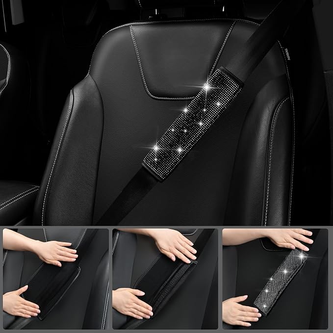 CAR PASS Diamond Bling Leather Seat Covers Set Car Floor Mats Glitter Rhinestone Steering Wheel and Car Interior Accessory Set for Women Black