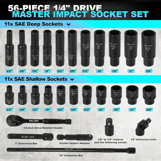 Socket Set 1/4, 56 Piece Impact Socket Set Metric and Standard Full, 6 Point, Cr-V, 1/4-Inch Drive Ratchet Handle, Drive Extension Bar, Impact Universal Joint,impact adapter