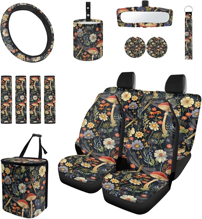 Dasiy Mushroom Car Seat Covers Full Set 15 Auto Steering Wheel Cover Seatbelt Shoulder Pad Coasters Garbage Bin Rear View Mirror Cover Keychain for SUV Van Truck