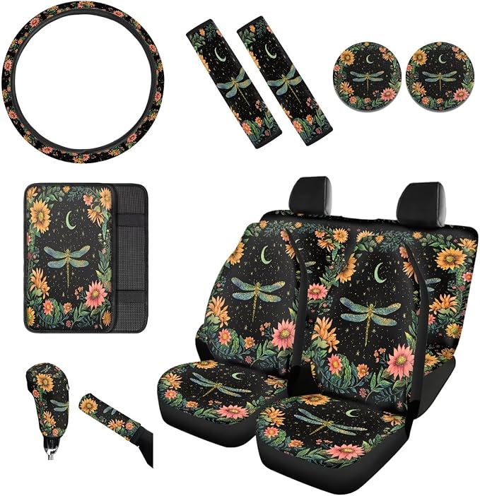 BIGCARJOB Flower Dragonfly Car Seat Cover Full Set of 12 Pcs Car Interior Accessories Set,Moon Dragonfly Steering Wheel Covers,Universal Seat Belt Pads,Armrest Cover,Cup Holder