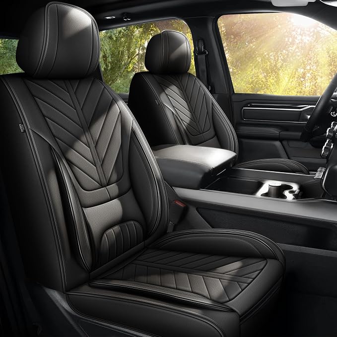 for Dodge RAM 1500 2500 3500 2012-2026 Full Set Seat Covers | Custom Fit Faux Leather Breathable Cooling Truck Bighorn Laramie Tradesman Crew Cab, Leather Seat Protector (5 Seats, Black)