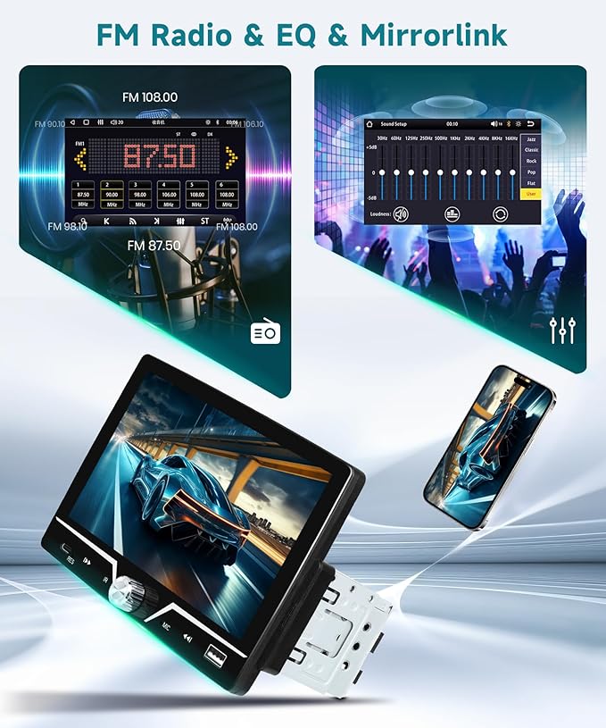 Single Din Radio with Wired CarPlay & Android Auto, 7" HD Touch Screen,Single Din Car Stereo with Mirror Link, SWC, FM Radio, Bluetooth,USB/Type C, EQ for Car Audio