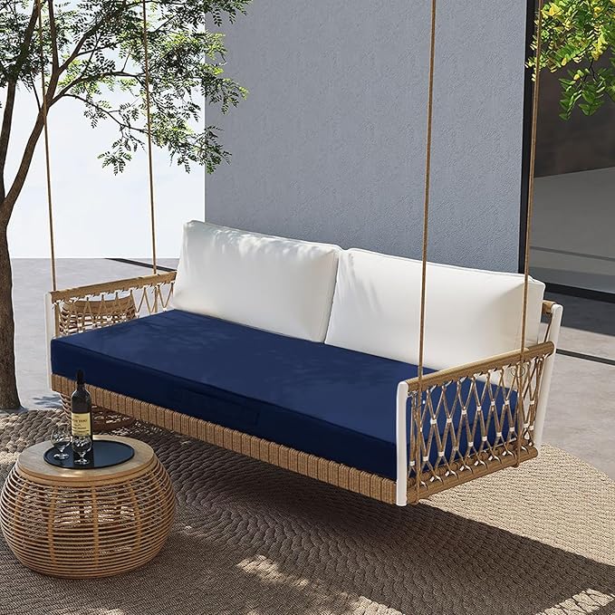 Outdoor Bench Cushion 42 x 18 x 4 Inch, Memory Foam Patio Bench Cushion for Outdoor Furniture Waterproof, Porch Swing Pad with Handle and Adjustable Strap, Navy