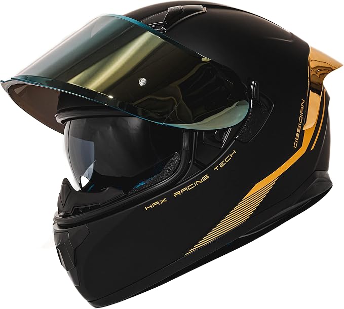 HAX Obsidian Full Face Dual Visor Adult Motorcycle Helmet for Motorbike Street Bike with Pinlock Ready DOT Approved Matte Black Gold XXL