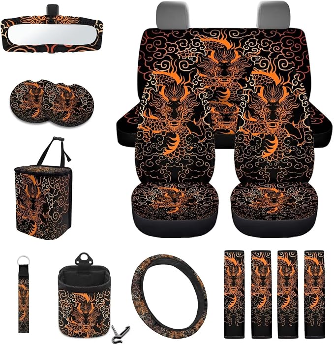 Dragon Print Auto Interior Sets Front Rear Car Seat Covers Steering Wheel Cover Seat Belt Cover Coasters Trash Can Air Outlet Pocket Universal