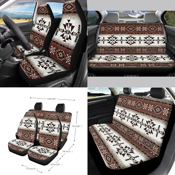 Wanyint Aztec Southwest Brown 15 PCS Car Seat Covers Set for Men Women, with Steering Wheel Cover Seat Belt Pads Trash Bin Sunglass Pocket Rear View Mirror Protector Coasters Key Chain