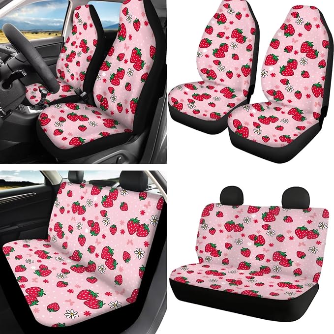 Howilath Strawberries Print Car Seat Cover Full Set with Steering Wheel Pads/Seat Belt Cushion/Keychains/Cup 13 Piece Auto Accessories Universal Fit All Seasons
