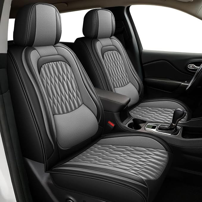 Seat Covers Fit for GMC Yukon 2007-2024 2025 2026 - Front Set - Faux Leather Lumbar Support Seat Cover Waterproof Seat Protector (Black&Grey)
