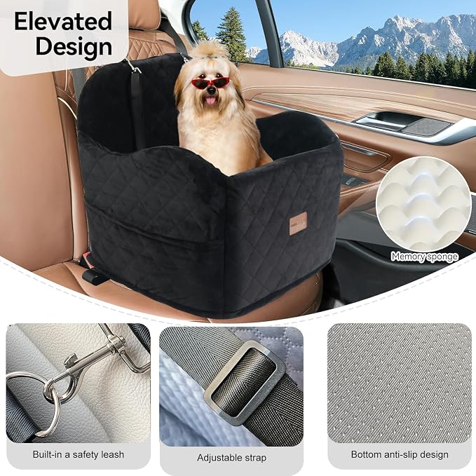 Juniverse Dog Booster Car Seat for Small to Medium Dogs Up to 30 lbs, Memory Foam, Washable Velvet Fabric Cover, Safety Leash, Storage Pockets, 19x19x19 Inches (Black)