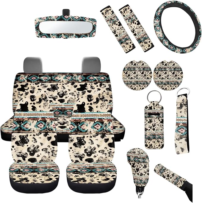 Western Aztec Cow Automotive Seat Cover Full Set Car Protection Accessory,Comfy Elastic Front Rear Bench Seat Covers for Most Vehicle,Steering Wheel Cover,Keychain,Coaster,Mirror Covers
