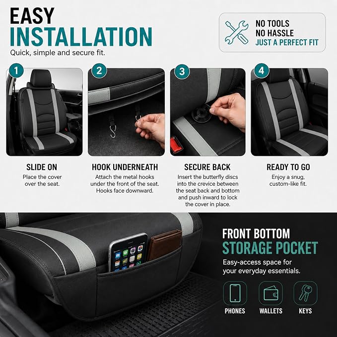 FH Group Car Seat Covers Front Set Gray Black Faux Leather Car Seat Cushions - Car Seat Covers for Low Back Seat, Universal Fit, Automotive Seat Covers, Airbag Compatible for SUV, Sedan