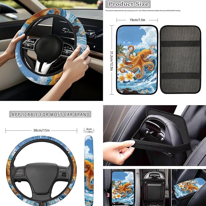 Forchrinse 15Pcs Car Seat Cover Hawaiian Octopus Front Back Seat Protector with Steering Wheel Cover+Seatbelt Pads+Coaster+Handbrake Gearshift Cover+Auto Trash Can for Most Vehicles