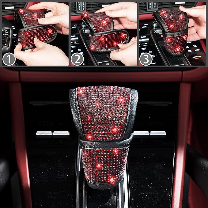 NBTEPEM 8 pcs Red Bling Car Accessories Set for Women, Steering Wheel Cover, Sparkly Seat Belt Covers, Bling Gear Shift Cover, Universal Fit Most Cars (Red Diamond)
