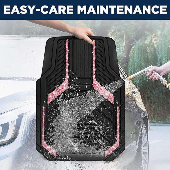 PIC AUTO Car Floor Mats, Hot Pink Sparkly Crystal Bling Glitter Car Mats Set, Front and Rear Heavy Duty Rubber Car Mats with Anti-Slip Backing, All Weather, Trim-to-Fit for SUVs, Trucks, Sedan, Vans