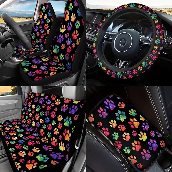 Colorful Dog Paw Print Car Seat Covers Full Sets with Front and Split Rear Bench,Dog Paw Print Car Accessories with Headrest Covers,Steering Wheel Covers Universal Fit, Car, Truck, SUV, Van