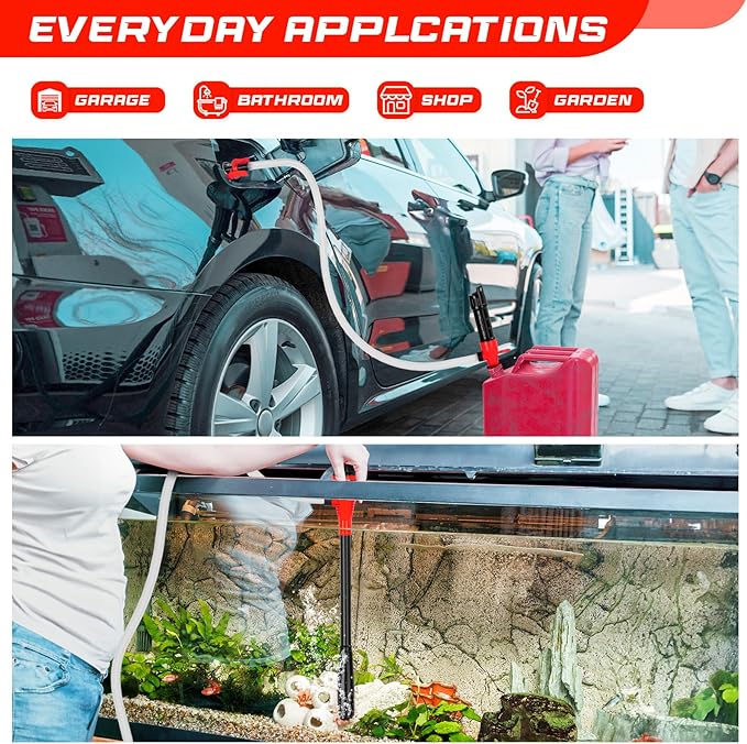 Portable Transfer Pump Battery Operated Electric Siphon Pump for Gas, Fuel, Diesel, Water Transfer 2.4 GPM Flow Oil Extractor, 47" Hose-Easy to Use Hand Fuel Pump, Multi-Use Siphon Transfer Pump(Red)
