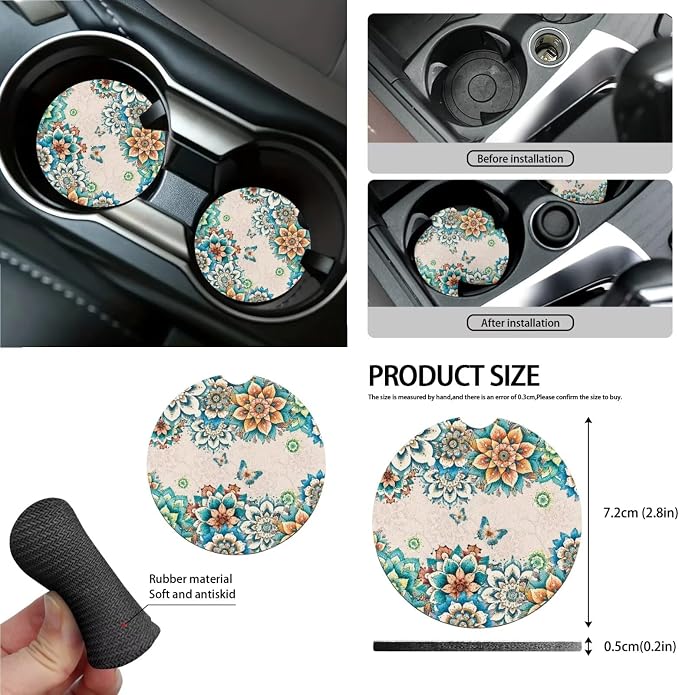 Boho Mandala Butterfly Pattern 13 Pieces Car Accessories, Car Seat Covers Full Set, Wear Resisting Steering Wheel Cover, Seat Belt Pads, Cup Holder Coasters Auto Interior Decoration