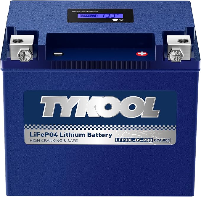TYKOOL LFP30L-BS-PRO Lithium LiFePO4 Battery 18Ah 800CCA, LCD Readout IP66,Compatible with Harley Touring Road Glide Street Glide, Polaris RZR Ranger 1000, Can-Am Defender Maverick, Replaces YTX30L-BS
