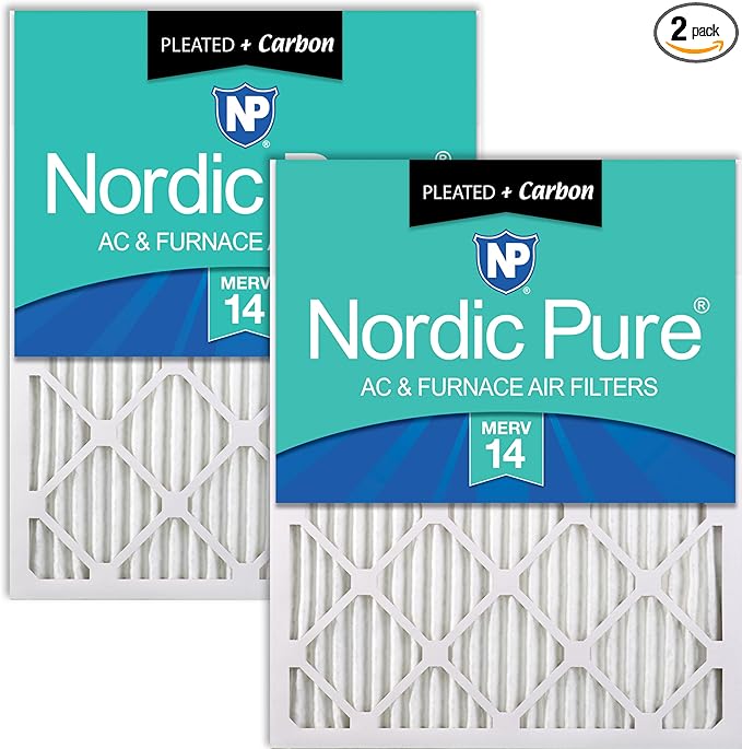 Nordic Pure 25x25x1 (Actual Size: 24 1/2 x 24 1/2 x 3/4) Pleated Air Filters MERV 14 Plus Carbon 2 Pack