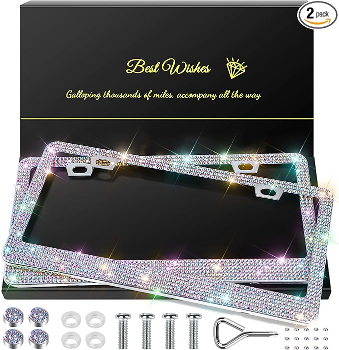 QUANQIUFEI 2 Pack Bling License Plate Frames for Women, Sparkly Rhinestone Diamond Car Accessories with Glitter Crystal Caps (Colorful)