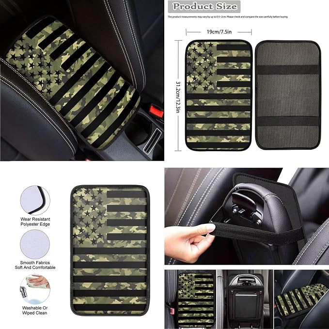 8 Pcs American Flag Theme Car Accessories Set, Car Seat Covers Full Set with Auto Steering Wheel Cover Center Console Pad Seat Belt Covers, Patriotic Decorations