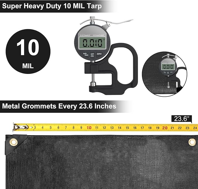 Tarp 10x20FT, 10 Mil, Heavy Duty Waterproof Tarps with Grommets Every 23.6", 420D Thick Plastic Tarp, UV Resistant, Tear & Fade Resistant, Reinforced Edges for Outdoor Pool, Camp, Tent