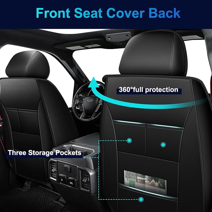 Front Seat Covers for Ford F150 2009-2025 2026 - F250/F350/F450 2017-2025 2026: 5 Seat Full Set Faux Leather Truck Seat Covers Car Cushion (2 PCS Front,Black)