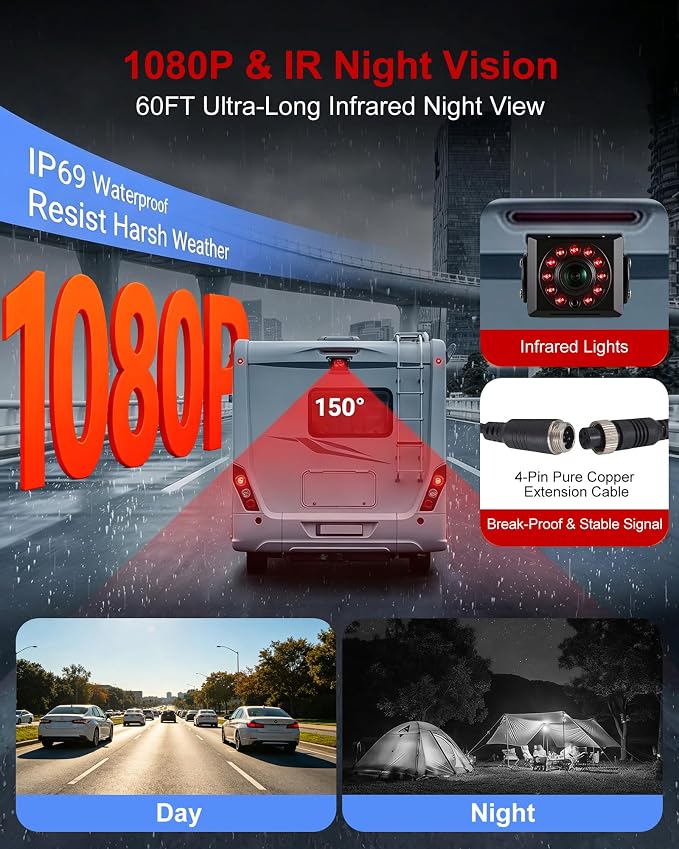 Wired Dual RV Backup Camera System with 7" Split Screen Monitor | 1080P IP69 Waterproof IR Night Vision Camera, DVR Loop Recording & 24H Parking for RV Truck Trailer Tractor Boat Skid Steer