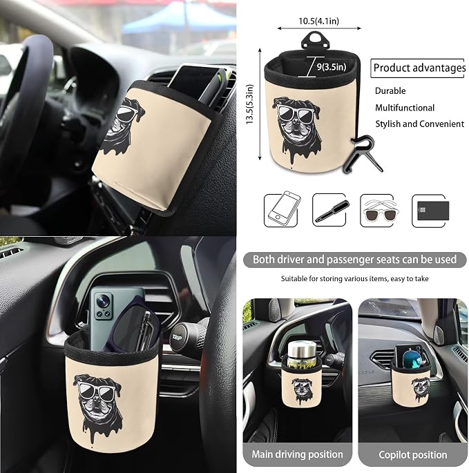 French Bulldog Print Car Front Back Seat Cover Set of 15 Steering Wheel Covers Seatbelt Strap Pad Garbage Cans Air Vent Storage Holder Rear View Mirror Cover Cup Holder Key Chain