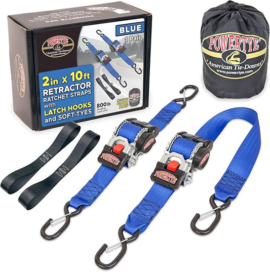 PowerTye - 2 inch x 10ft Long Retractable Ratchet Tie Down Strap with Latch-Hooks - Self-Retracting Ratchet, 800 lb W.L.L., Ideal for Motorcycle, ATV, Cargo, Includes Bag & Soft-Tyes, Blue (Pair)