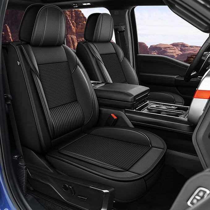 for Ford F150 2009-2026 Seat Covers F250 F350 F450 2017-2026 | Super Duty Truck Faux Leather Ice Silk XL XLT Lariat Platinum SuperCrew STX Extended Cab Trims (5 Seats, Black)