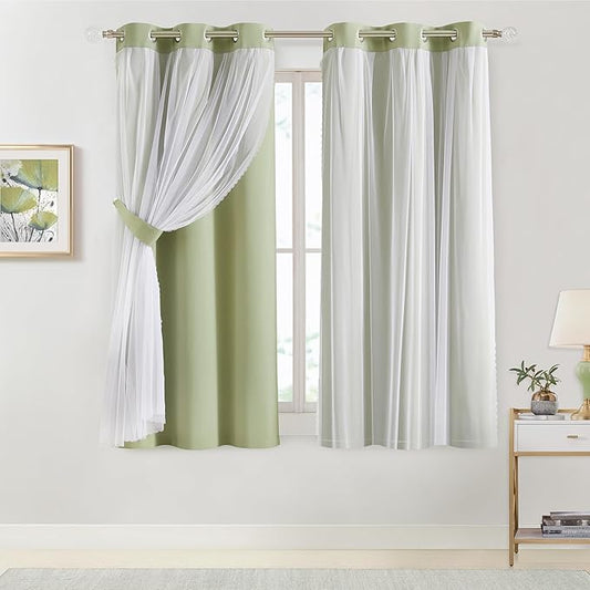Bujasso Sage Green 90% Blackout Curtains with Sheer Overlay Mix and Match Double Layer Thermal Insulated Window Panels 63 inch Living Room Bedroom Green Drapes with Tiebacks Grommet Top 37" Wx63 Lx2