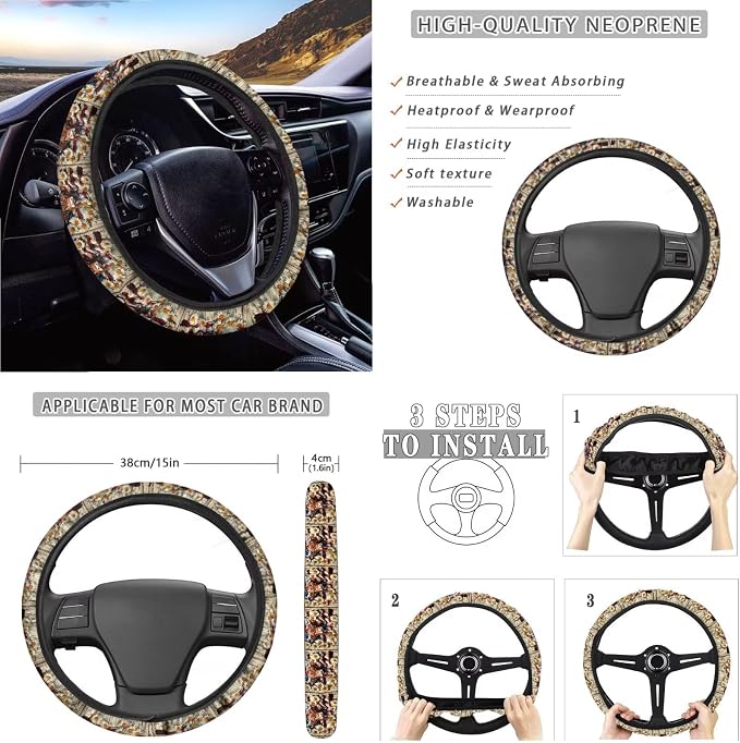 Xoenoiee American Flag Cattle Daisy Pattern Car Seat Cover Full Set with Steering Wheel Cover, Seat Belt Cover, Coasters, Key Chains for Cars SUV, Universal Auto Accessories - 11 Pack