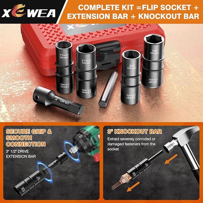 6PCS Thin Wall Lug Nut Impact Socket Set, XEWEA 1/2" Drive Impact Flip Socket Set, 8 in 1 Dual End Wheel Tire Nut Sockets Metric 17 19 21 22 mm & SAE 3/4" 13/16" 7/8" 15/16", Impact CR-MO Tool