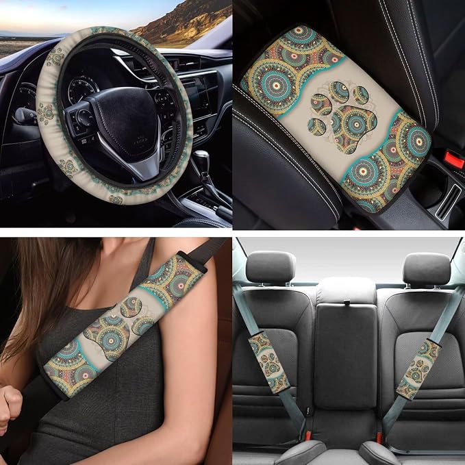 Bohemian Dog Paw Auto Seat Covers Full Set 12pcs Universal Fit Seat Protectors Accessory,Dog Paw Steering Wheel,Seatbelt Pads,Keyring,Cup Mat for Vehicle,Pet Owner Car Interior Set Decor